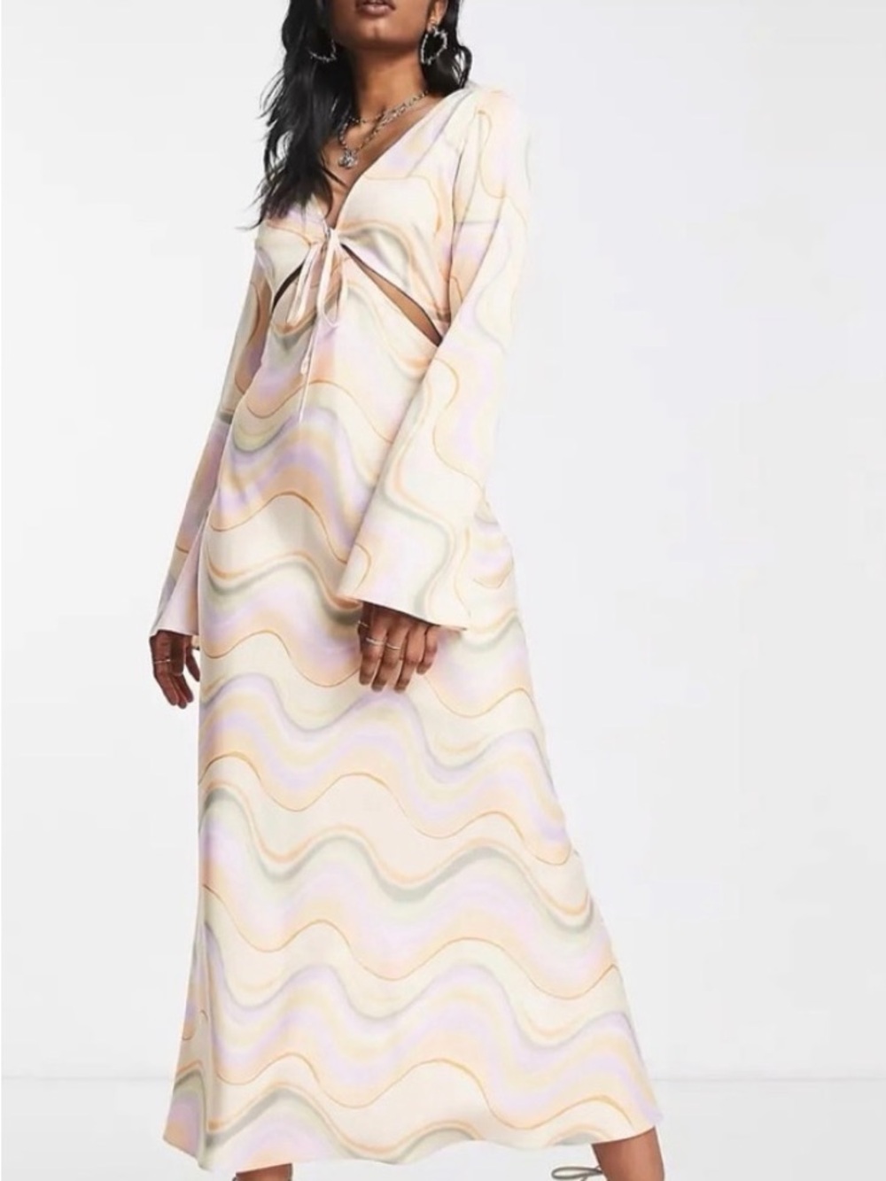 Topshop Pastel Swirl Long Sleeve Cutout Maxi Dress